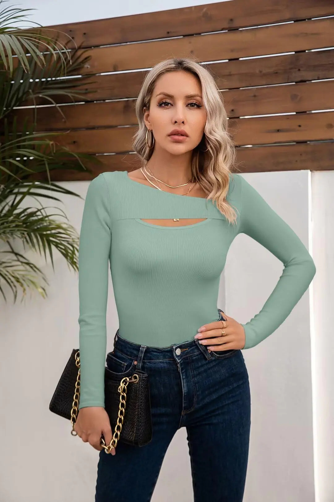 VICHYIE Women's Ribbed Cutout Long-Sleeve Top - Moss Green