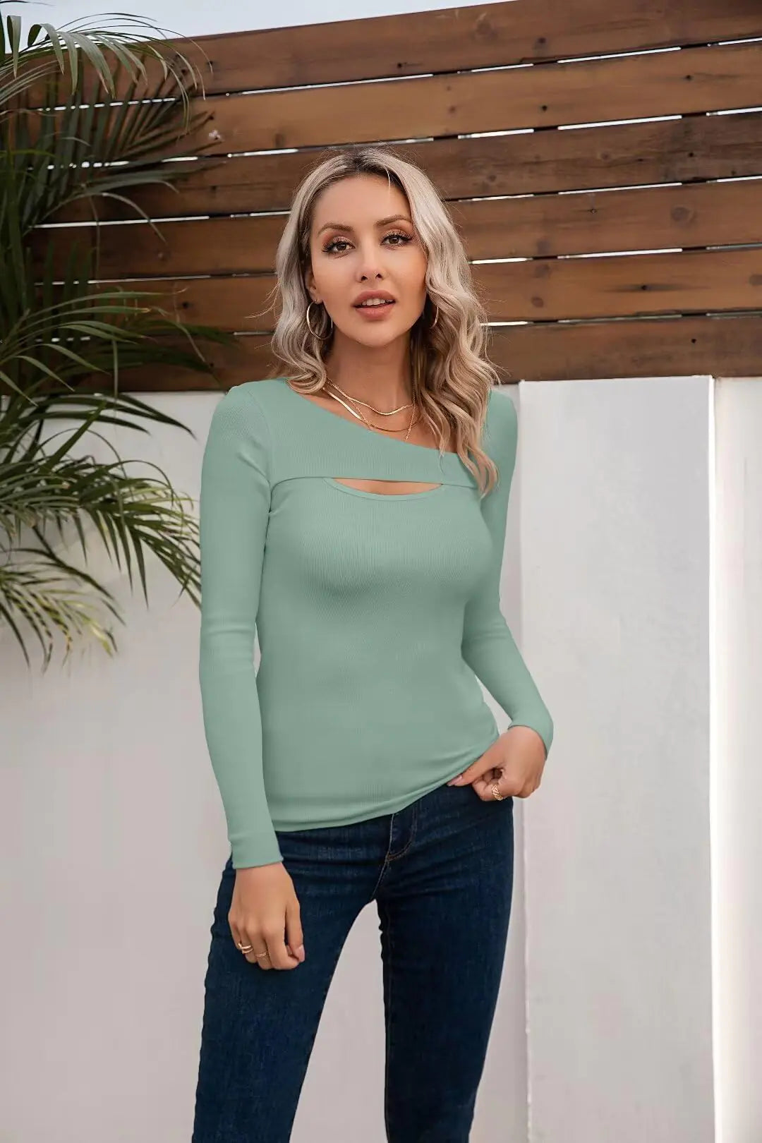 VICHYIE Women's Ribbed Cutout Long-Sleeve Top - Moss Green